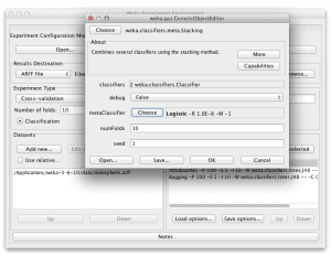 Configuring and adding the Stacking algorithm that blends J48 and IBk to the Weka Experimenter.