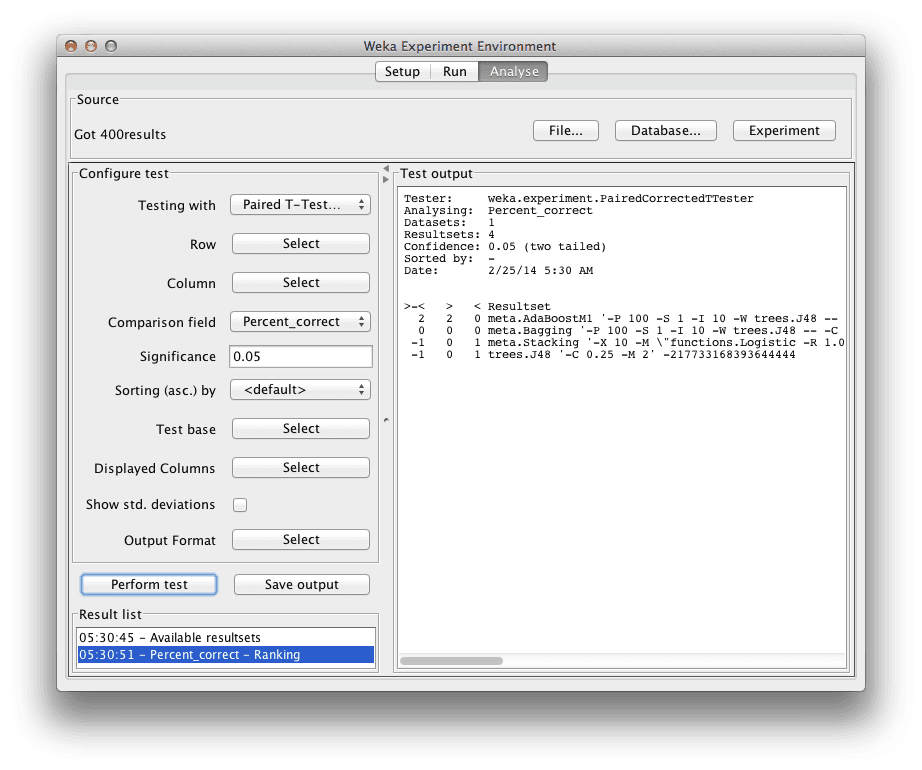 Algorithm ranking when analyzing results in the Weka Experimenter