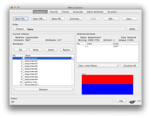 Supermarket dataset loaded in the Weka Explorer