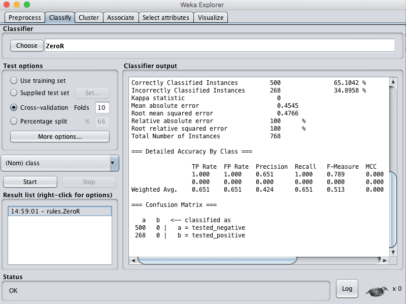 Weka Baseline Performance For a Classification Problem