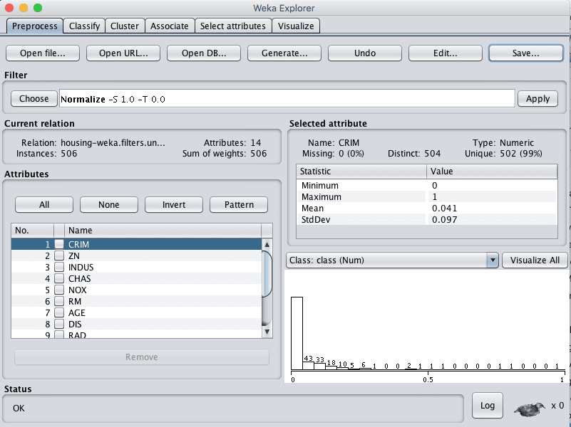 Weka Boston House Price Dataset Normalize Data Filter