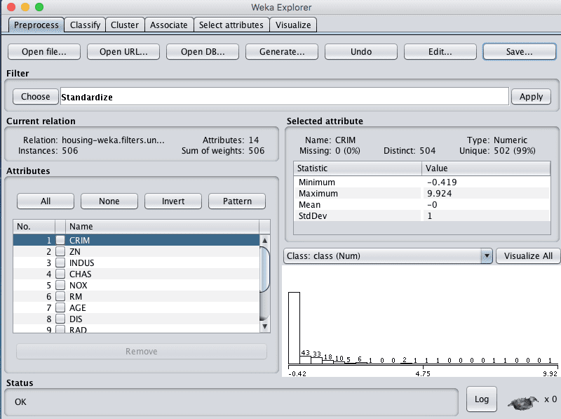 Weka Boston House Price Dataset Standardize Data Filter