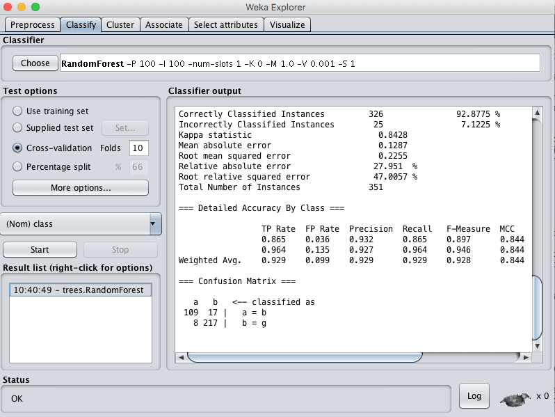 Weka Classification Results for the Random Forest Algorithm