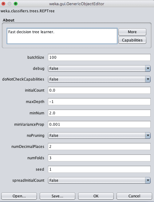 Weka Configuration for Decision Tree Algorithm