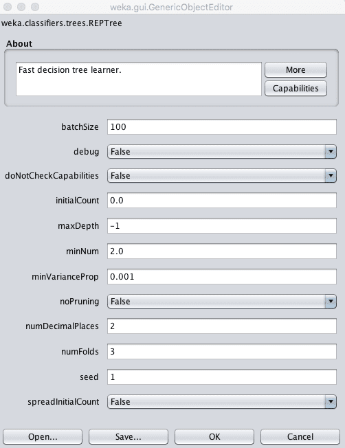 Weka Configuration for the Decision Tree Algorithm