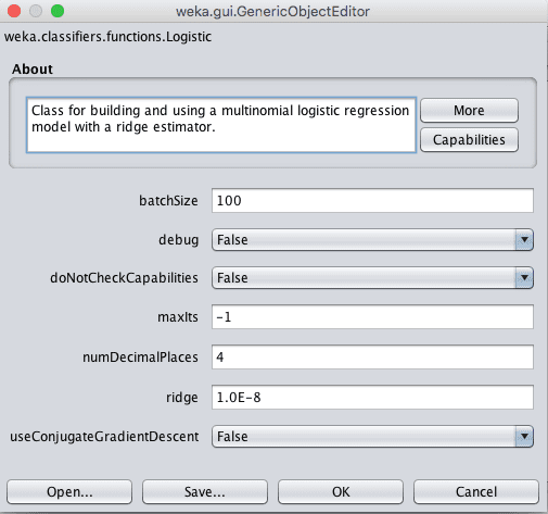 Weka Configuration for the Logistic Regression Algorithm