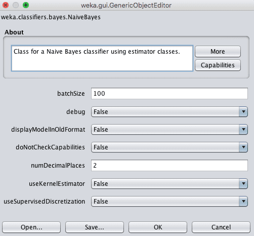 Weka Configuration for the Naive Bayes Algorithm