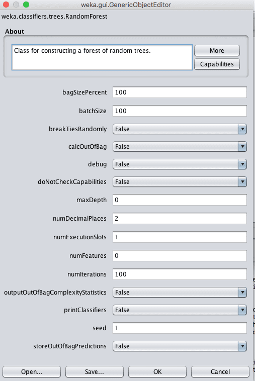 Weka Configuration for the Random Forest Algorithm