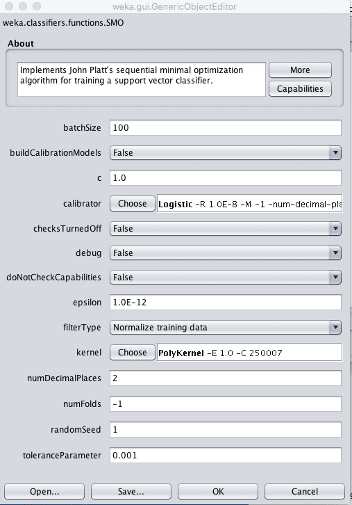 Weka Configuration for the Support Vector Machines Algorithm