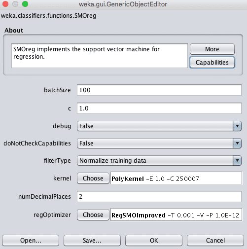 Weka Configuration for the Support Vector Regression Algorithm