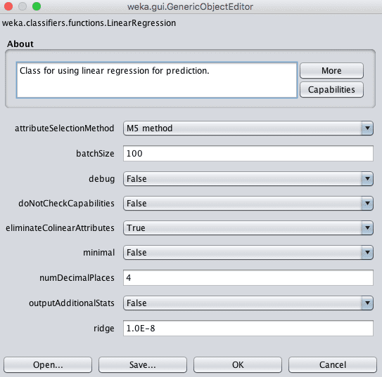 Weka Configuration of Linear Regression