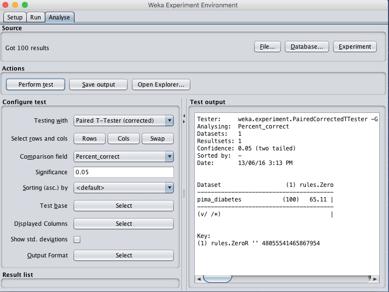 Weka Experiment Environment Analyse Tab