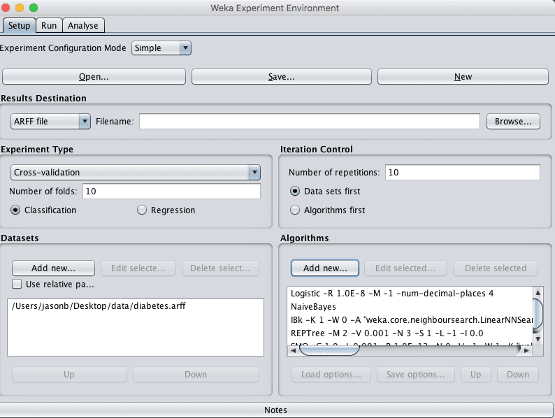 Weka Experiment Environment Configured Experiment