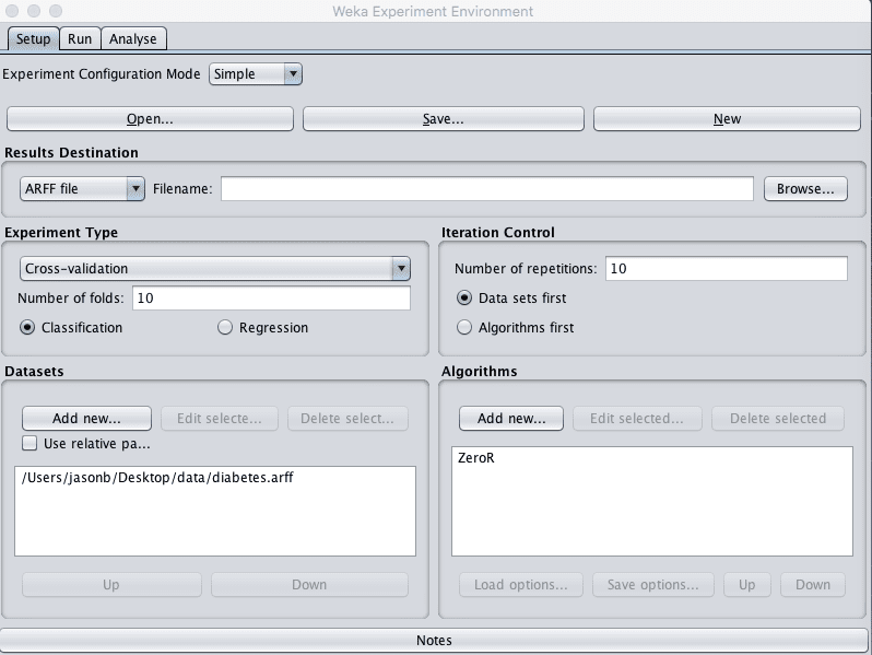 Weka Experiment Environment Setup Tab