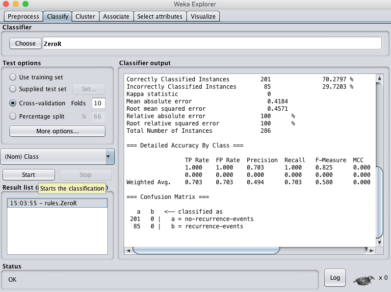 Weka Explorer Classify Tab