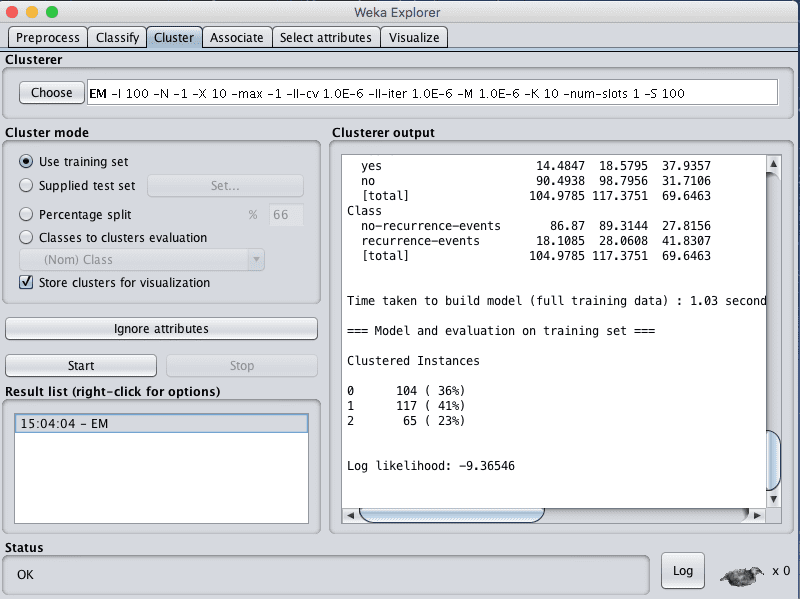 Weka Explorer Cluster Tab
