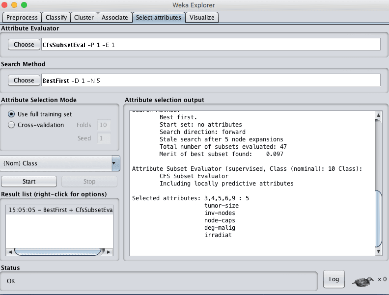Weka Explorer Select Attributes Tab