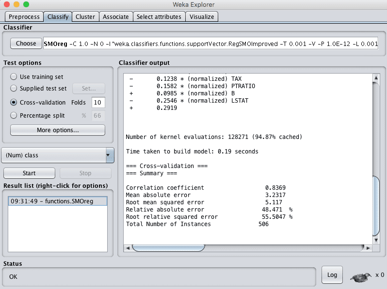Weka Regression Results for the Support Vector Regression Algorithm