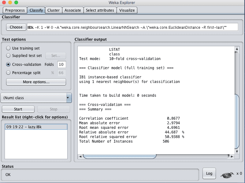 Weka Regression Results for the k-Nearest Neighbors Algorithm