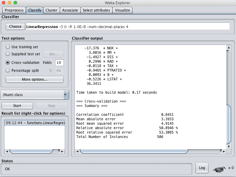 Weka Results for Linear Regression