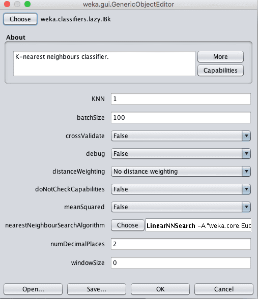 Weka k-Nearest Neighbors Algorithm Configuration