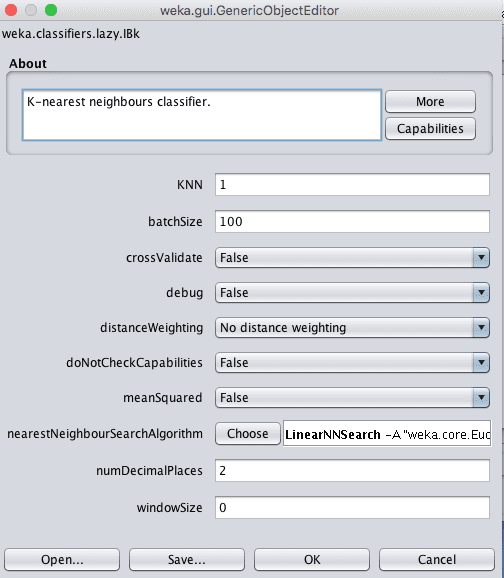 Weka k-Nearest Neighbors Configuration