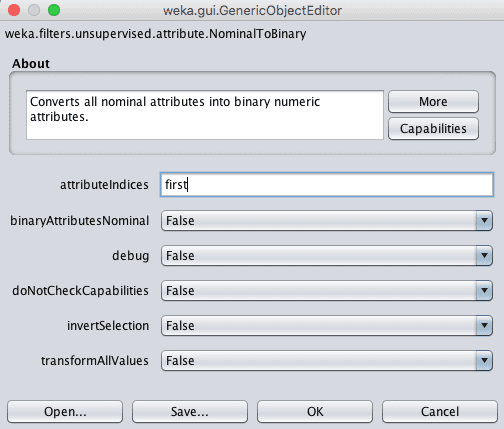 Weka NominalToBinary Data Filter Configuration