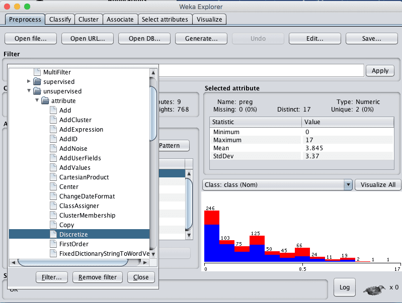 Weka Select Discretize Data Filter