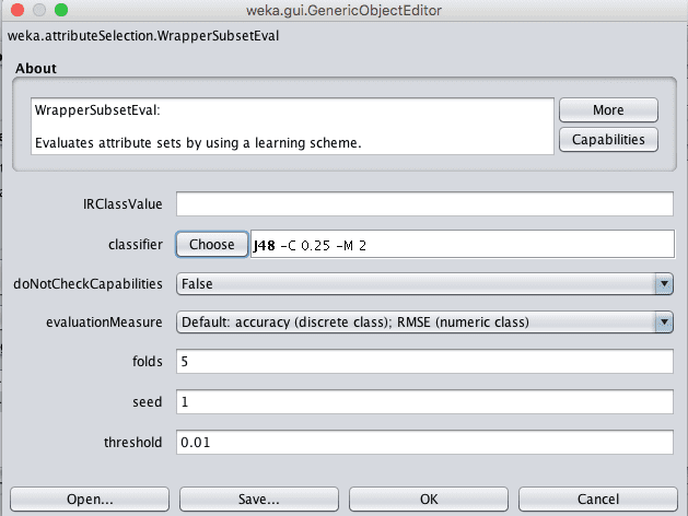 Weka Wrapper Feature Selection Configuration