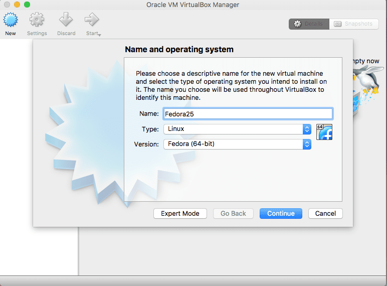 Create Fedora VM Name and Operating System