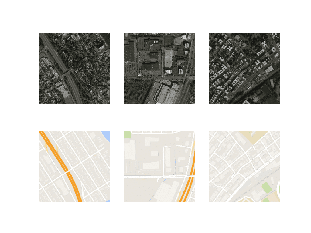 Plot of Three Image Pairs Showing Satellite Images (top) and Google Map Images (bottom).