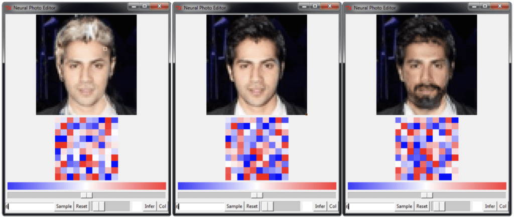 Example of Face Editing using the Neural Photo Editor based on VAEs and GANs
