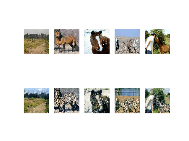 Plot of Source Photographs of Horses (top row) and Translated Photographs of Zebras (bottom row) After 53,415 Training Iterations