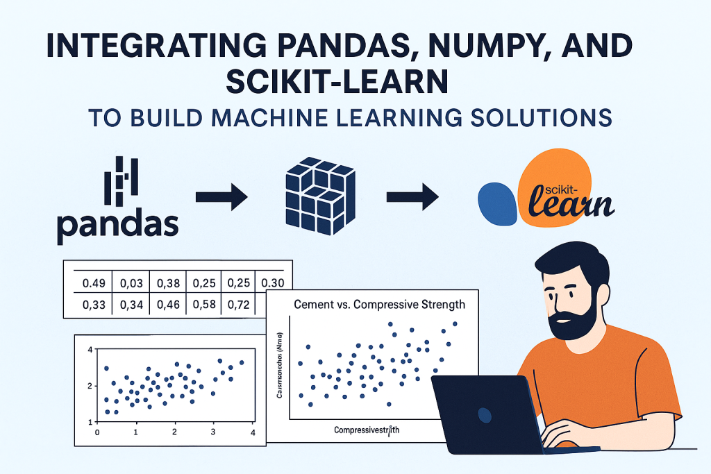 Illustration showing integration of Pandas, NumPy, and scikit-learn in a machine learning workflow
