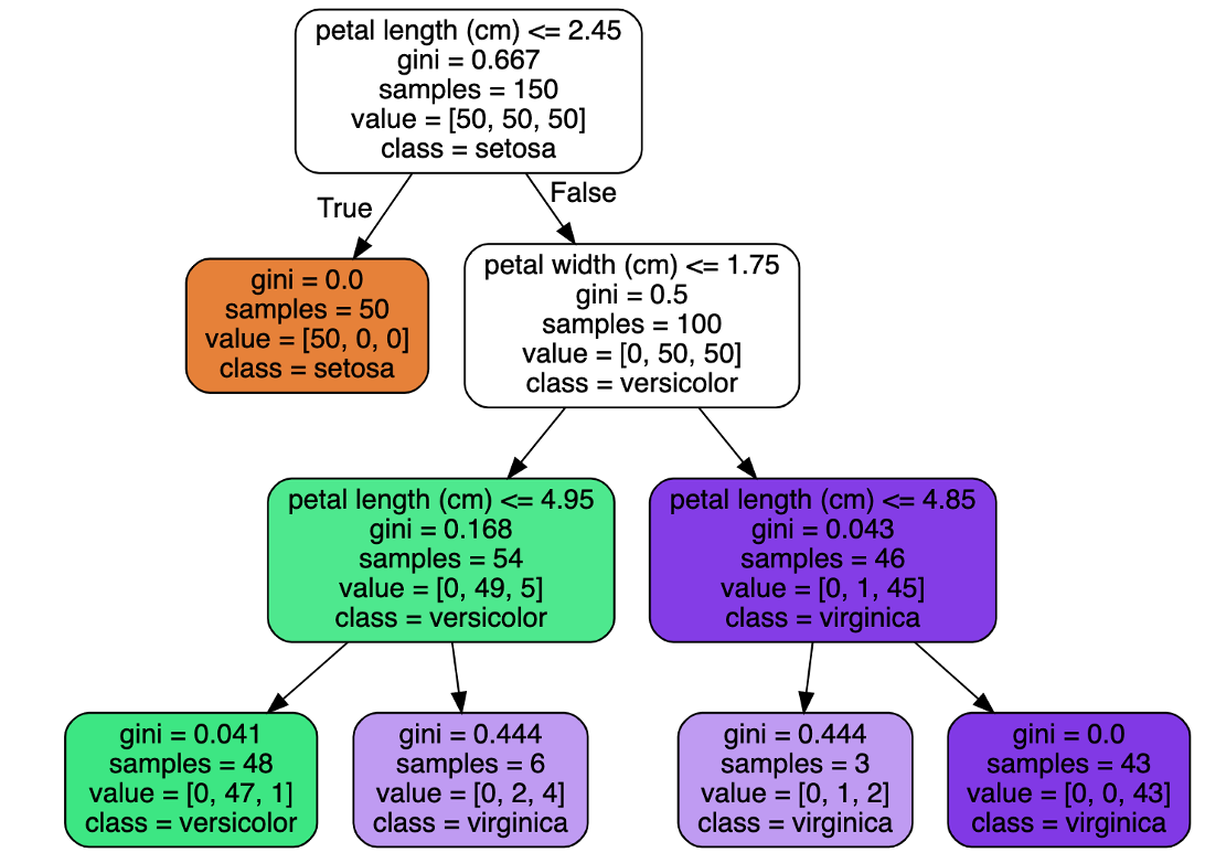 An example decision tree built on the iris dataset